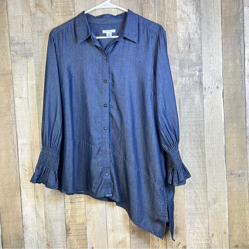 Westbound Petites Large Navy Blue with Tiny White Polka Dots w/Bell Sleeves Top